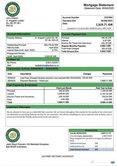 Download Indonesia Bank BPD Bali mortgage statement Word and PDF template Photoshop template